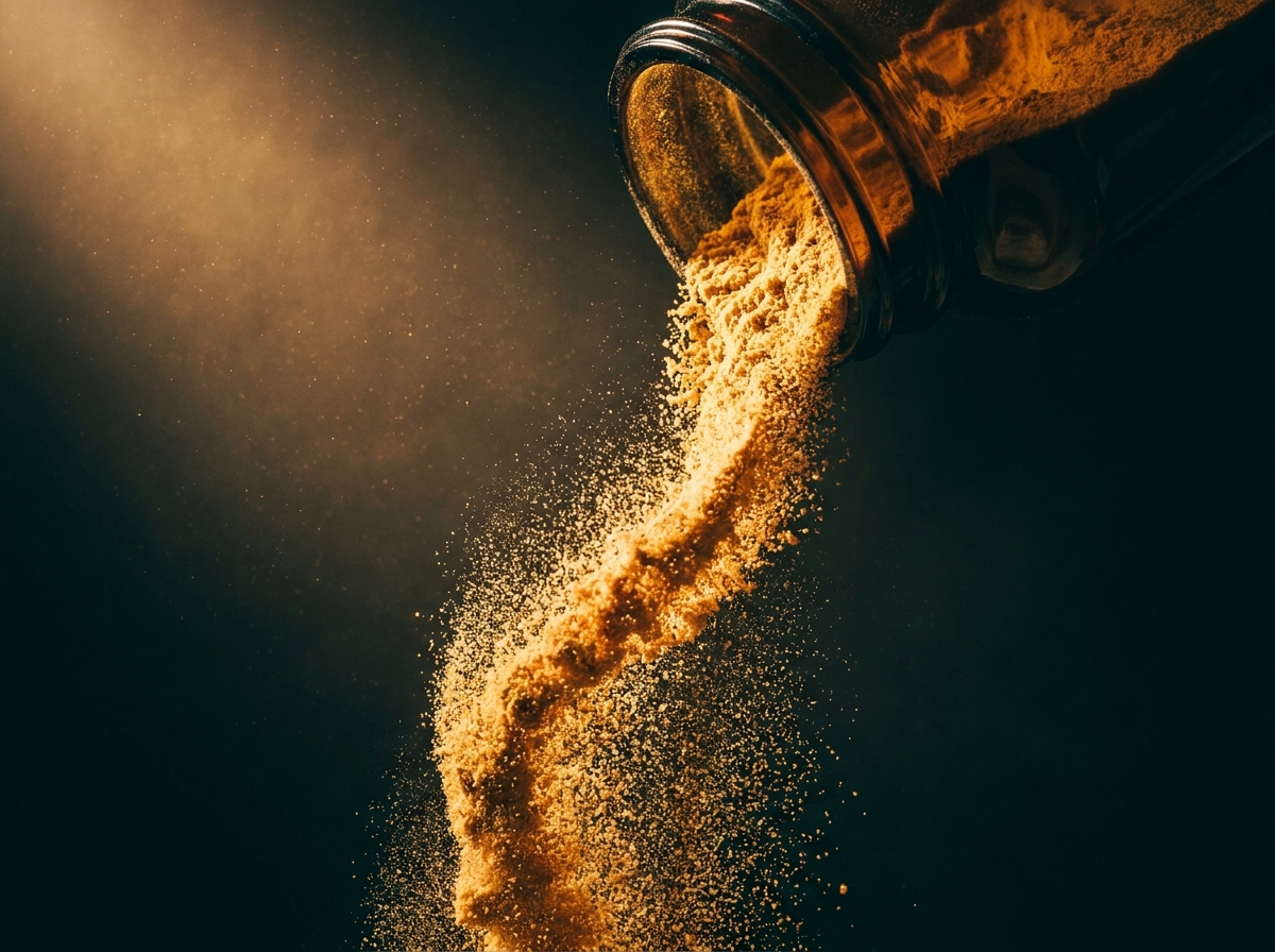 Golden supplement powder cascading through a hard backlight