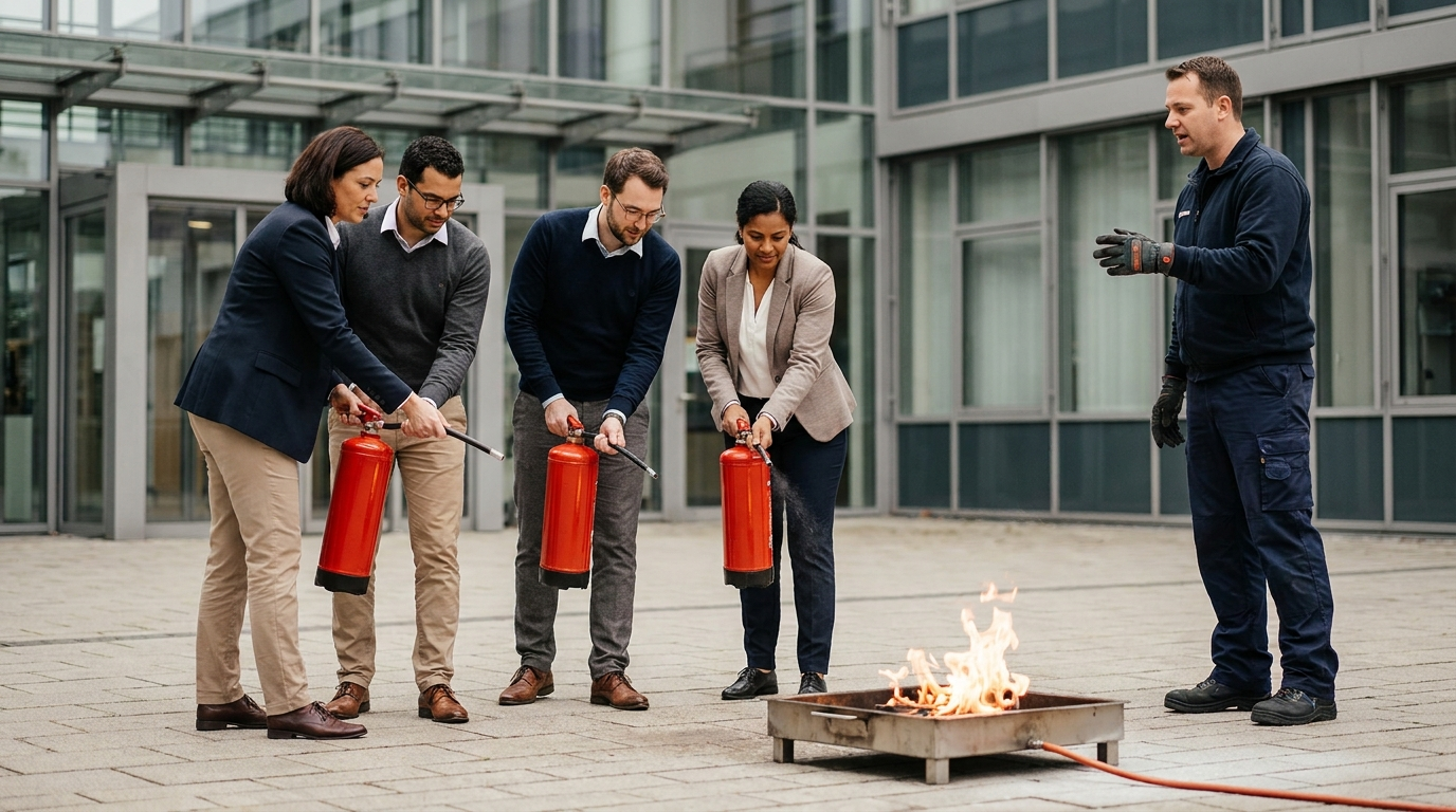 Beschäftigte üben bei einer Brandschutzhelfer-Schulung das Löschen mit einem Feuerlöscher