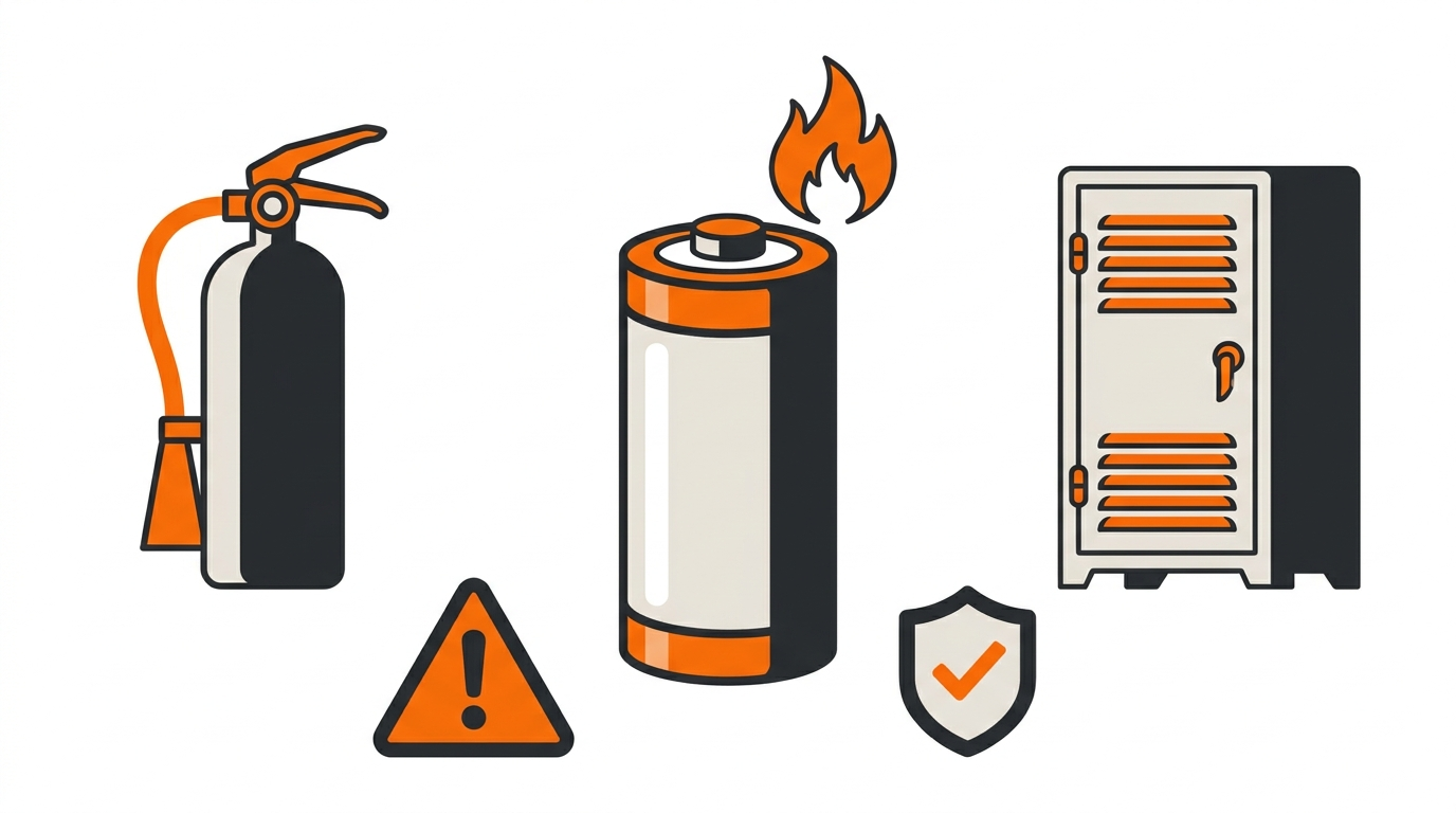 Brandklasse L, Lithium-Ionen-Akku, Feuerlöscher und Ladeschrank als Grafik (KI-generiert)
