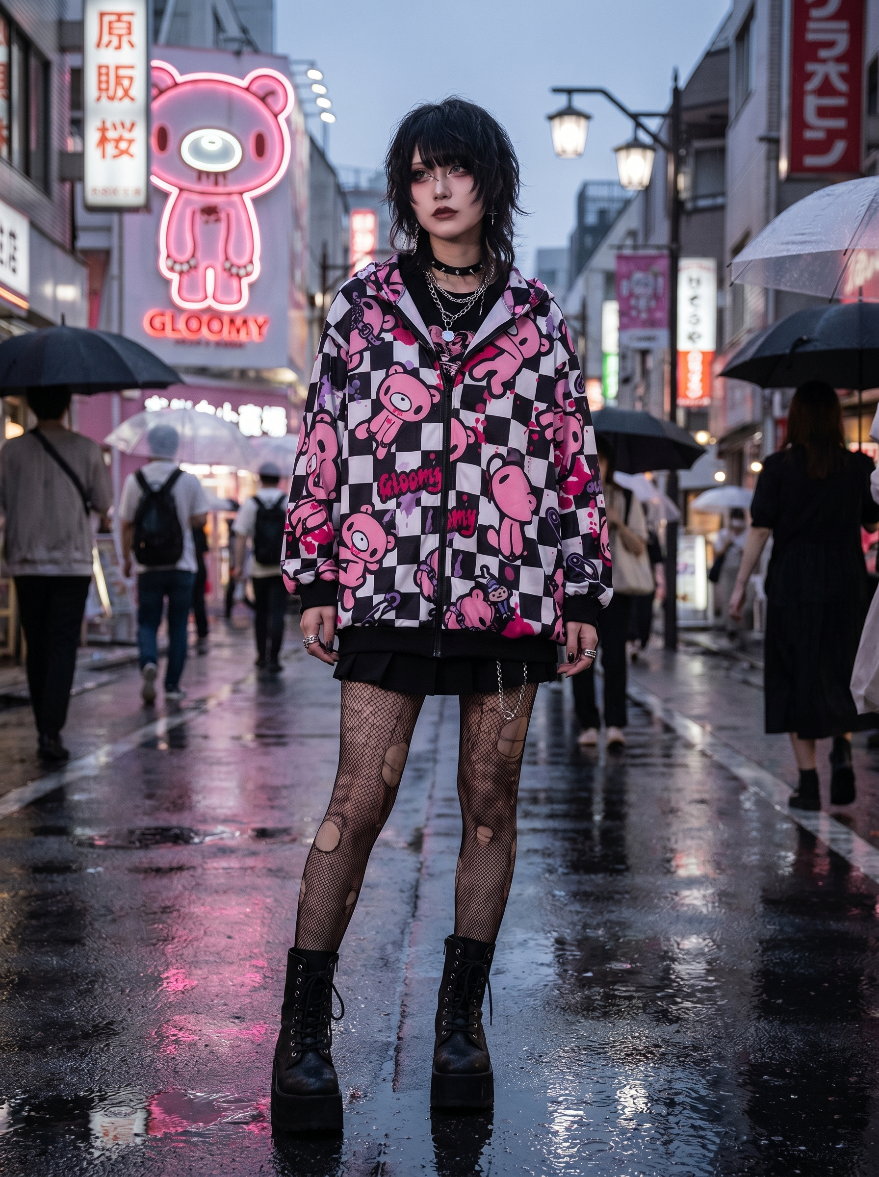 Gloomy Bear Checkered Zip Up Hoodie ACDC Rag dark kawaii Harajuku rainy street