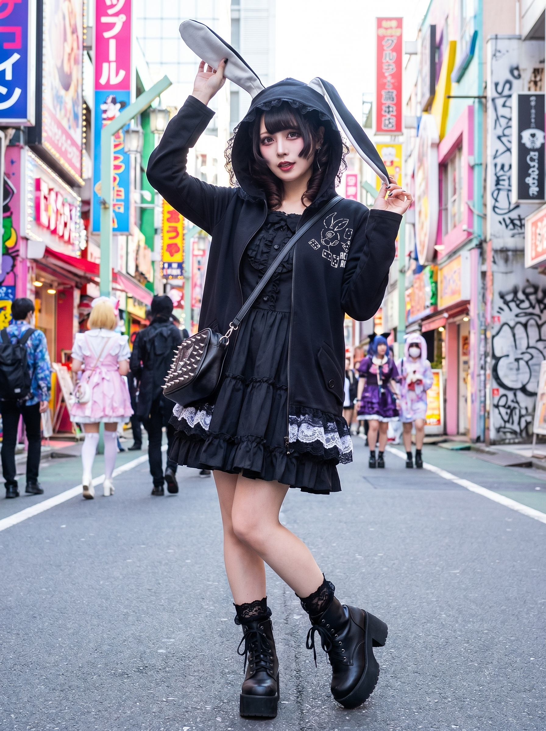 Alice Gothic Rabbit Ears Zip Up Hoodie ACDC Rag — Harajuku J-Fashion Lolita street style
