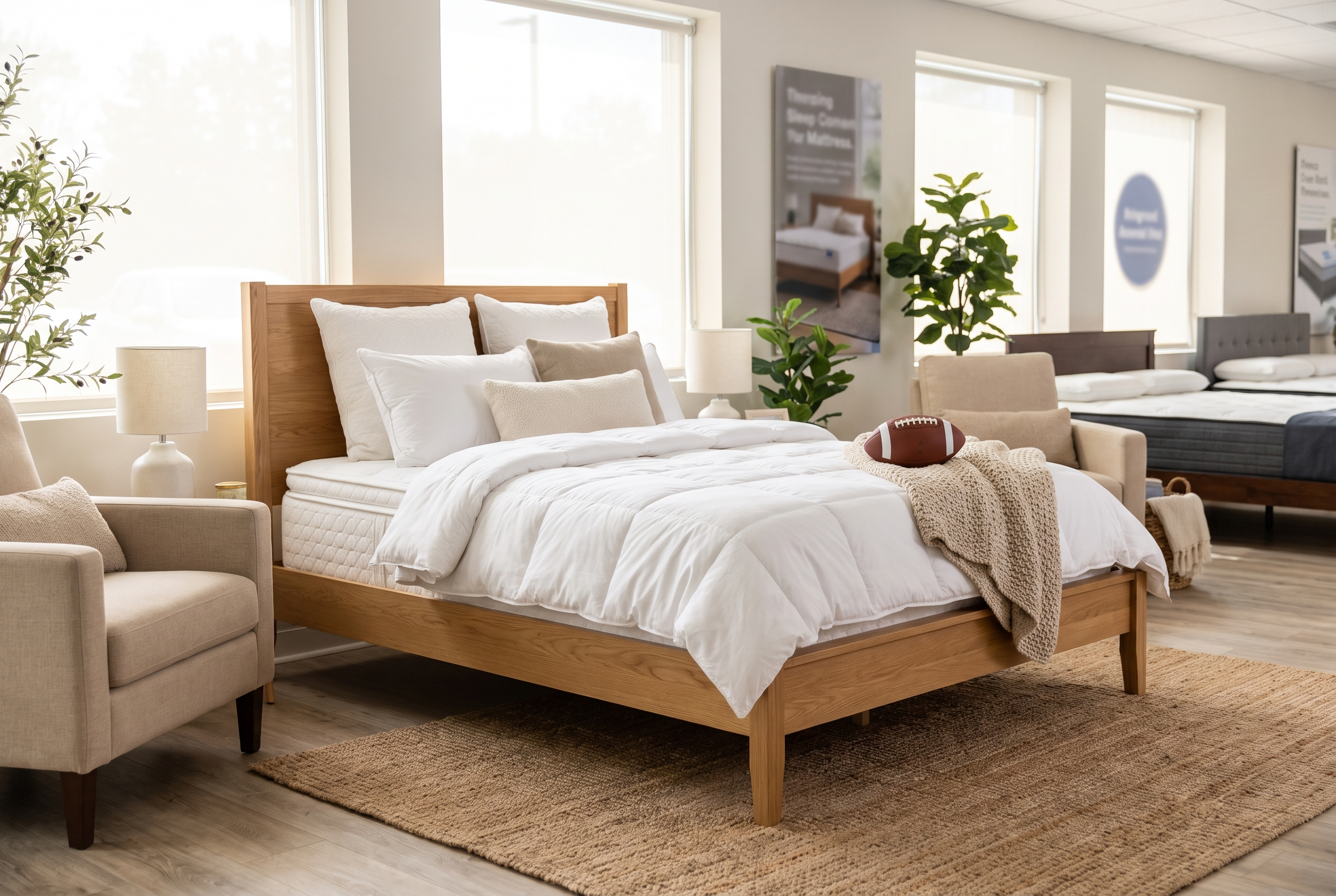 Mattress showroom with football