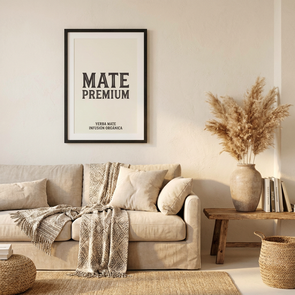 Póster de papel mate prémium con marco de madera en pared