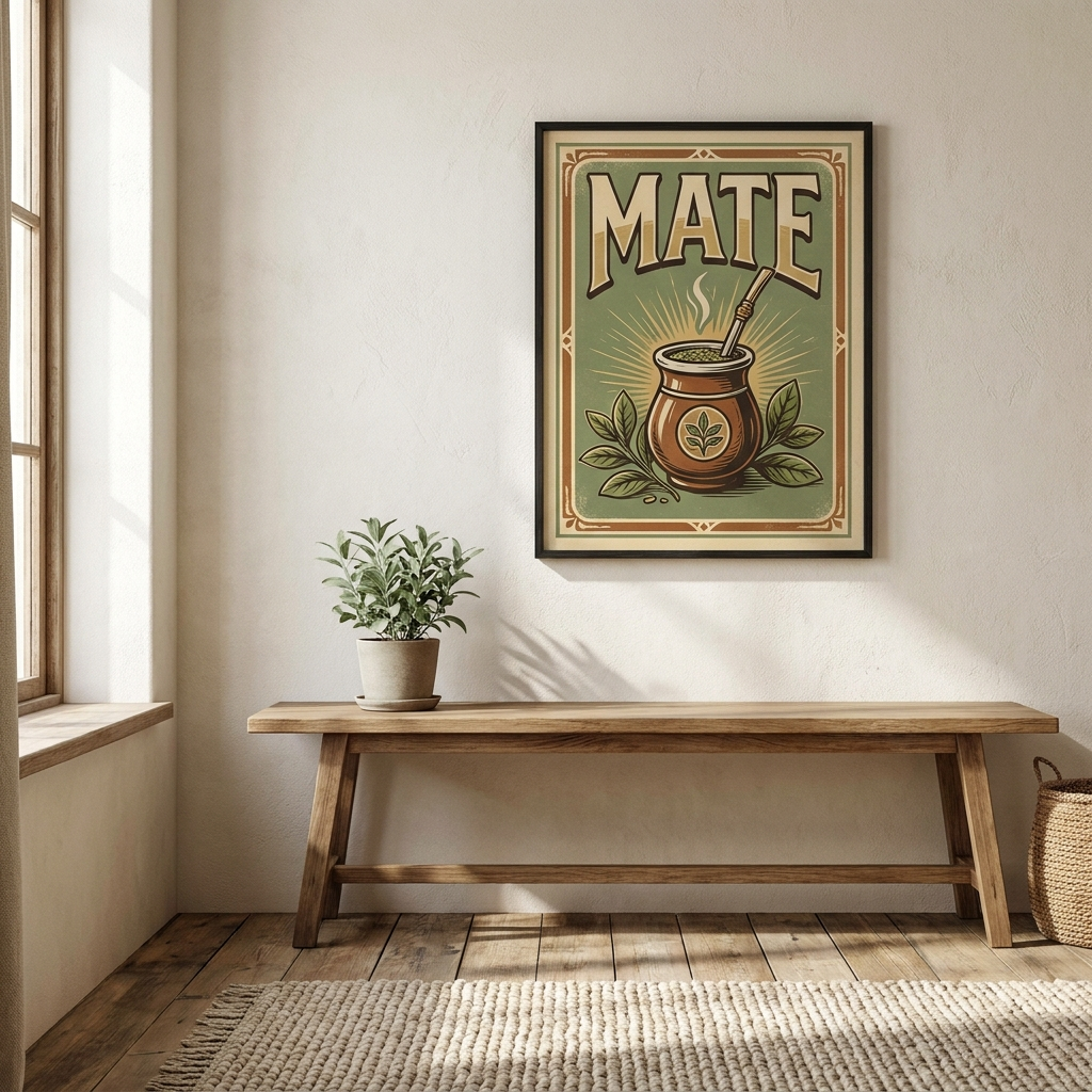 Póster de papel mate clásico con marco de madera en pared