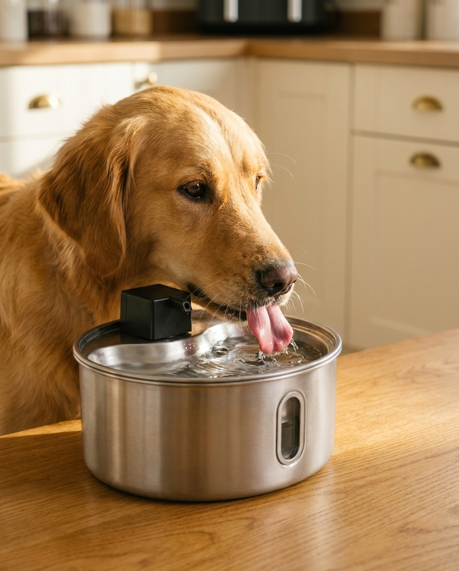 Golden retriever drinking from a Pawter stainless steel pet fountain in a sunlit kitchen