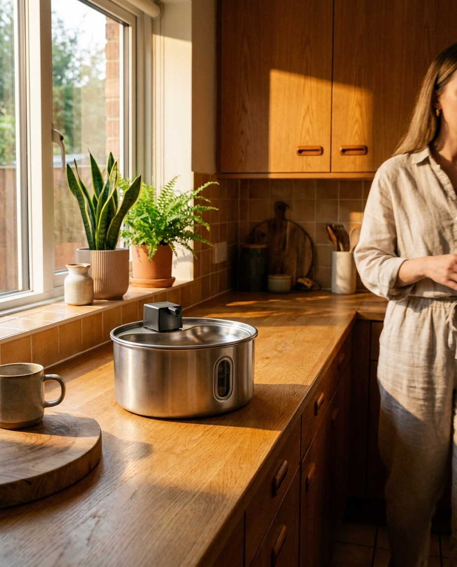 Pawter fountain in a sunlit kitchen scene