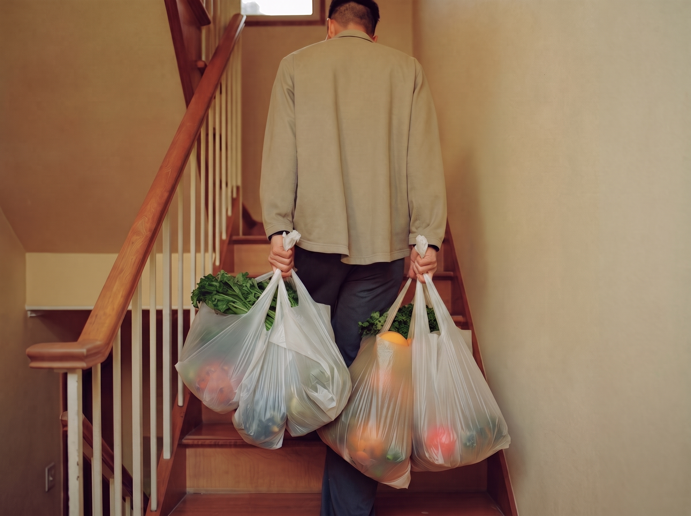 Carrying several grocery bags by hand up an apartment stairwell