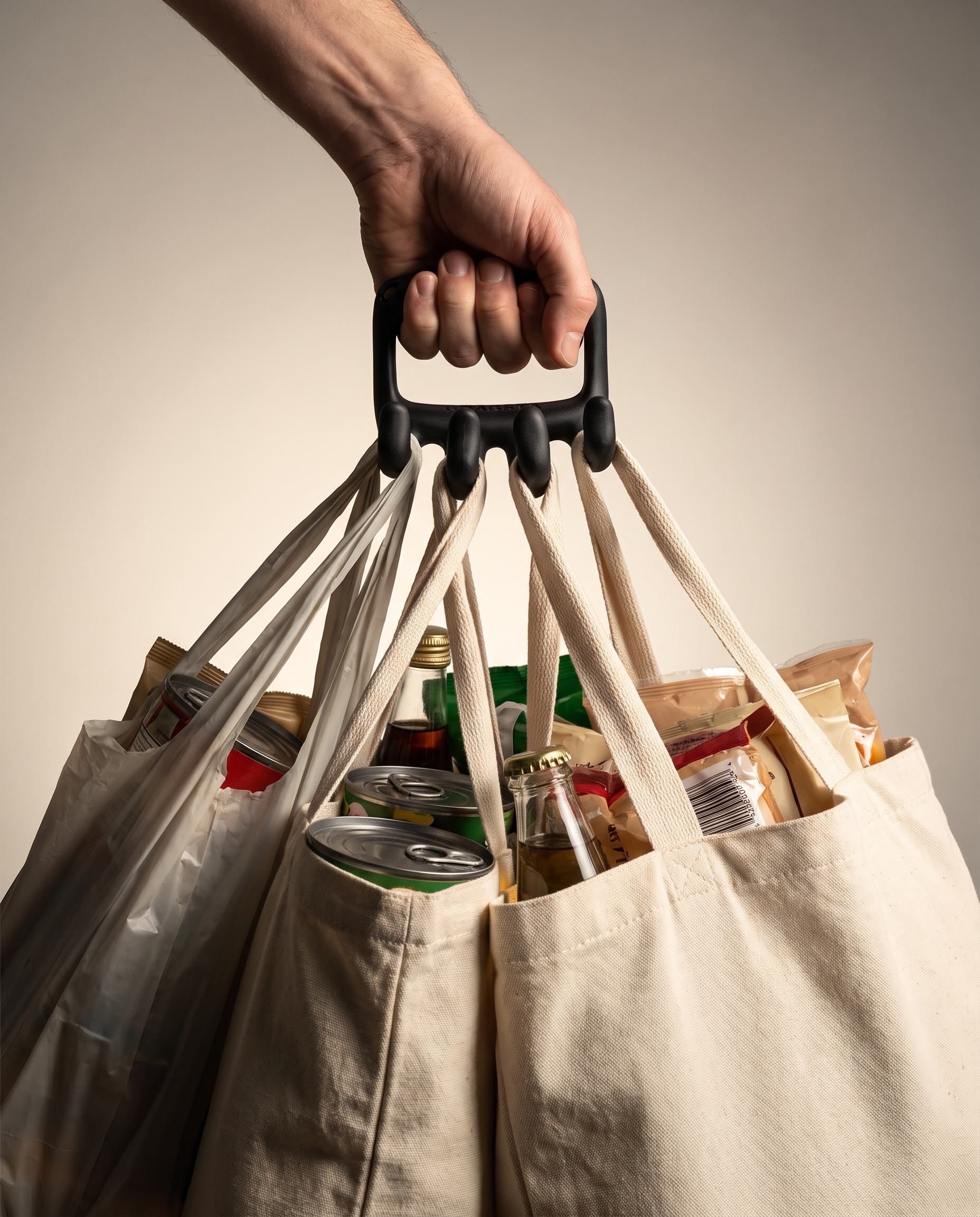 GRABSTA grip handle carrying a heavy load of full grocery bags on one hand