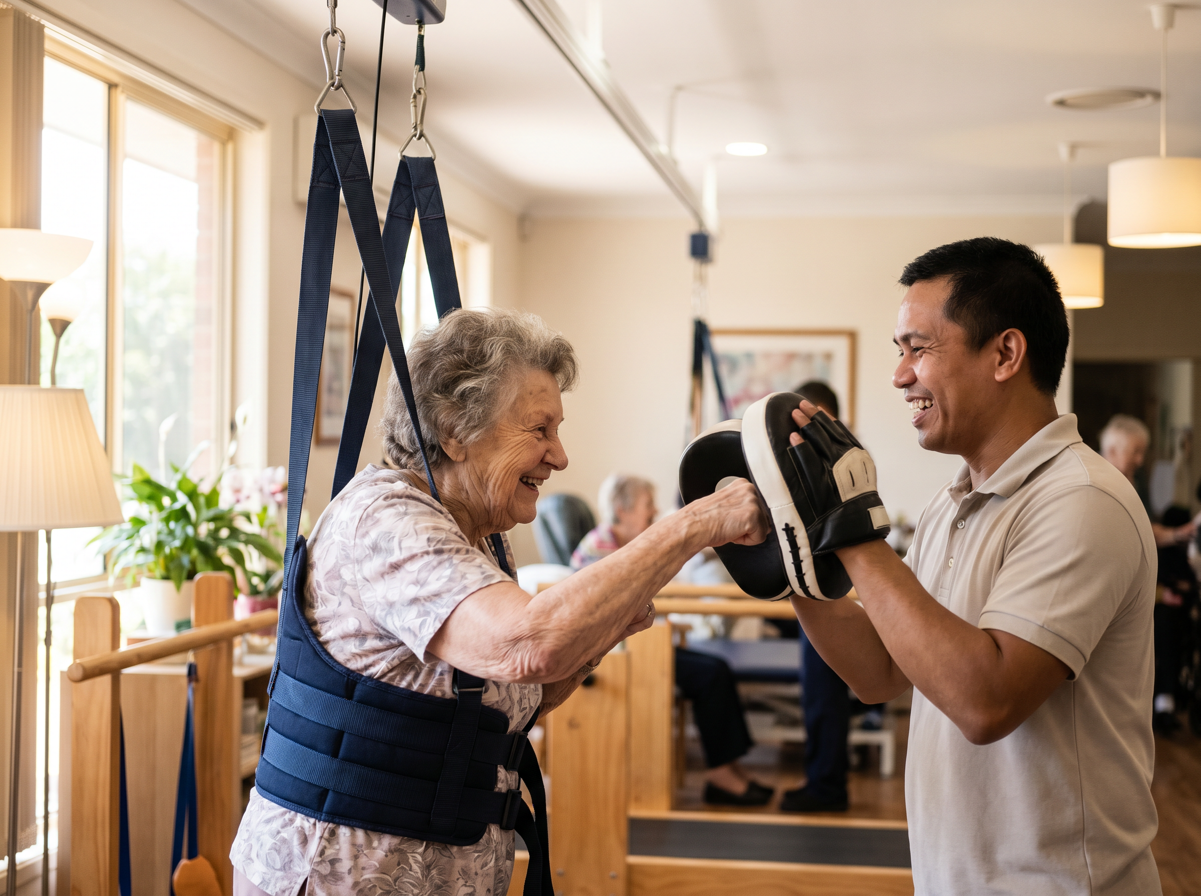 A Groworx careworker and an aged-care resident sharing a joyful moment during therapy