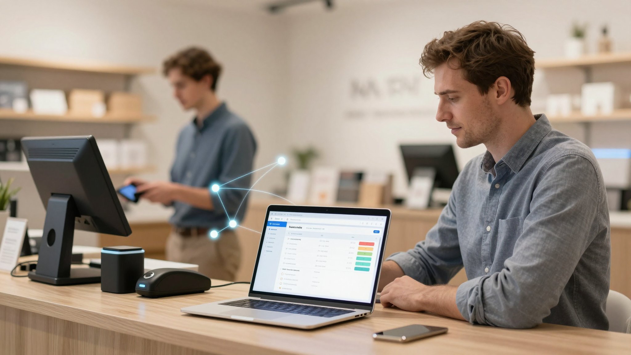 Butiksejer der gennemgår real-time dashboard med integreret webshop og kasse