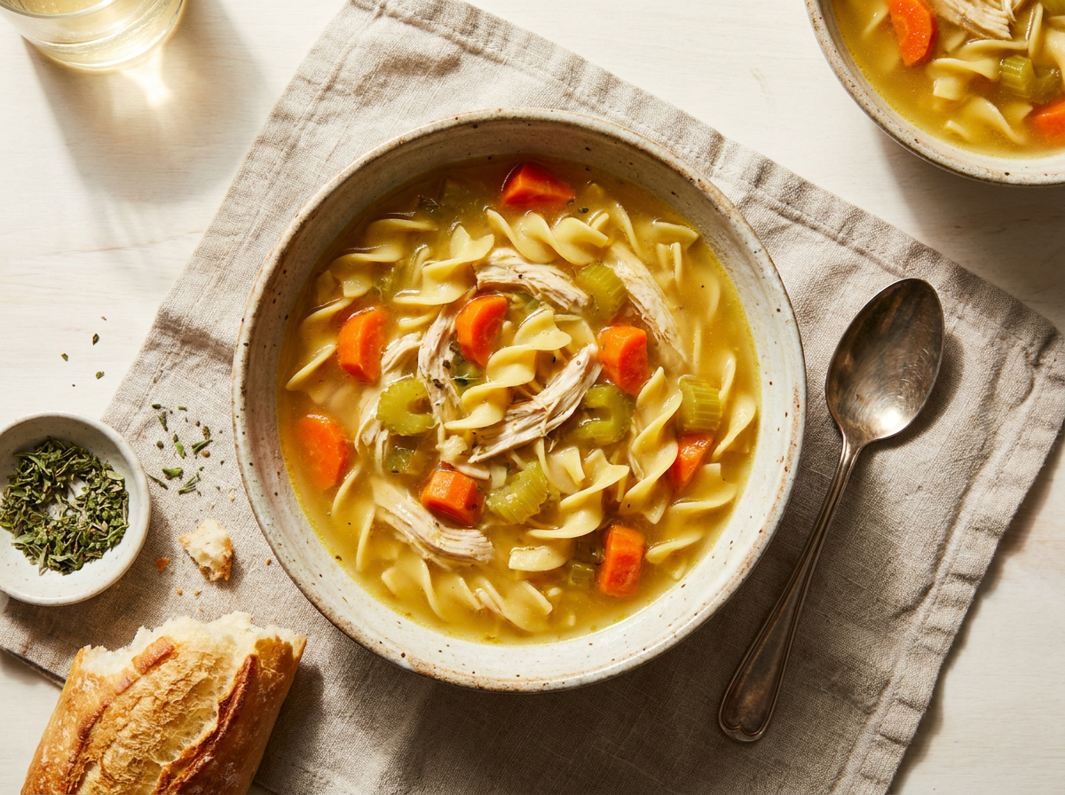 Bowl of golden chicken noodle soup made with bone broth