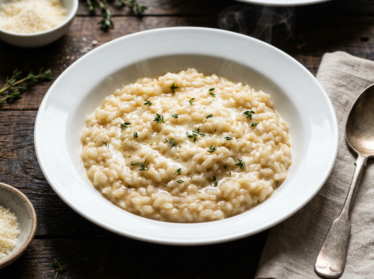Creamy bone broth risotto with parmesan and thyme