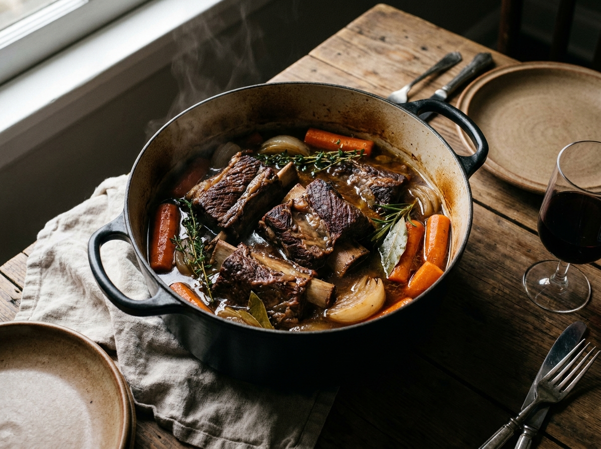 Slow-braised short ribs in bone broth in a cast iron Dutch oven