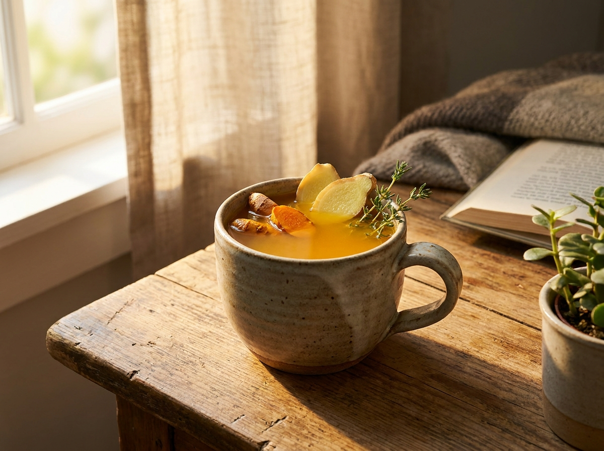 Ceramic mug of golden bone broth sipping tonic with turmeric and fresh ginger