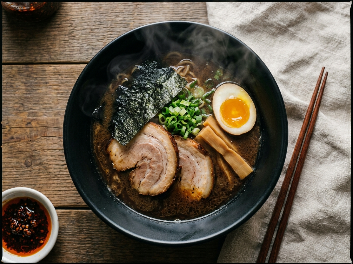 Bowl of rich bone broth ramen with soft boiled egg, nori, and spring onions
