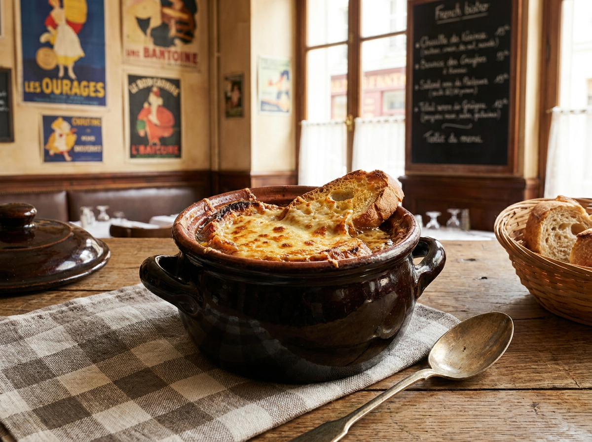Classic French onion soup with melted Gruyere crust made with bone broth