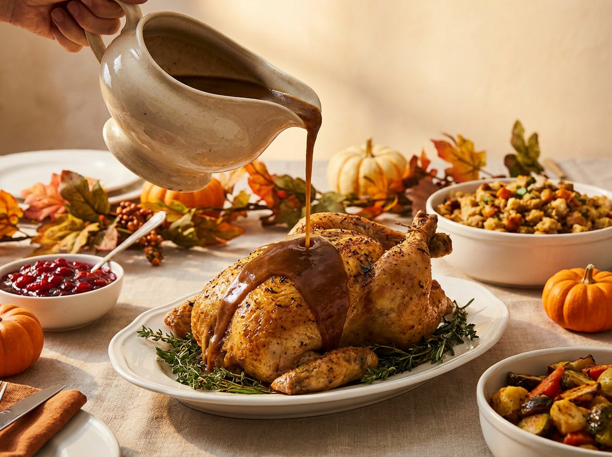 Bone broth gravy being poured over roasted chicken on a white platter