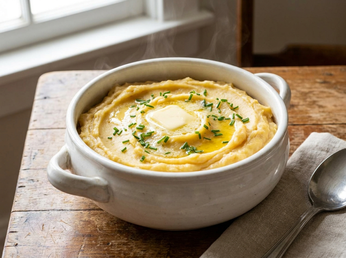 Creamy mashed potatoes made with bone broth, butter, and fresh chives