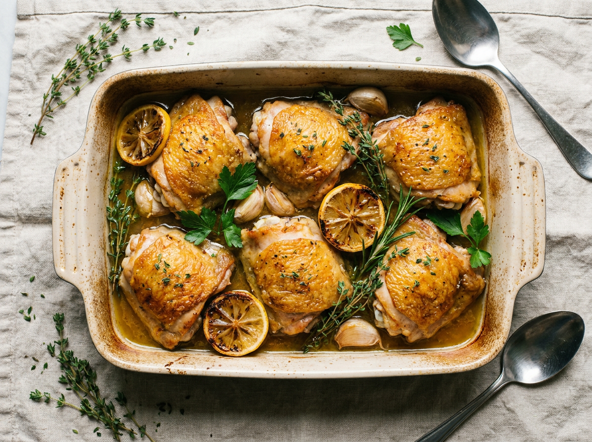 Golden herb-braised chicken thighs in bone broth with garlic and lemon