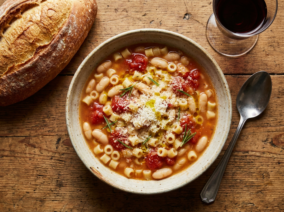 Rustic bowl of pasta e fagioli soup with bone broth and cannellini beans