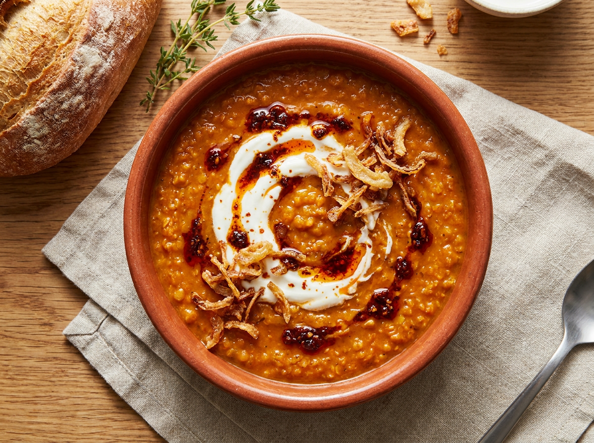 Vibrant red lentil soup made with bone broth in a terracotta bowl with yogurt and chilli oil
