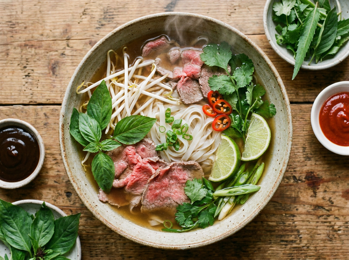 Steaming bowl of Vietnamese pho made with bone broth, rice noodles, and fresh herbs