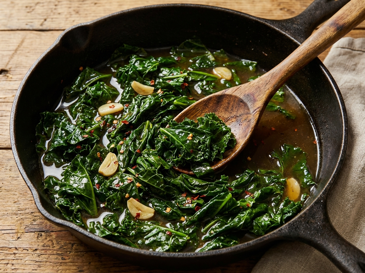 Kale braised in bone broth with garlic and chilli in a cast iron skillet