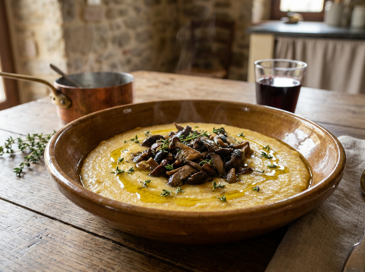 Creamy polenta cooked in bone broth topped with sauteed mushrooms and thyme