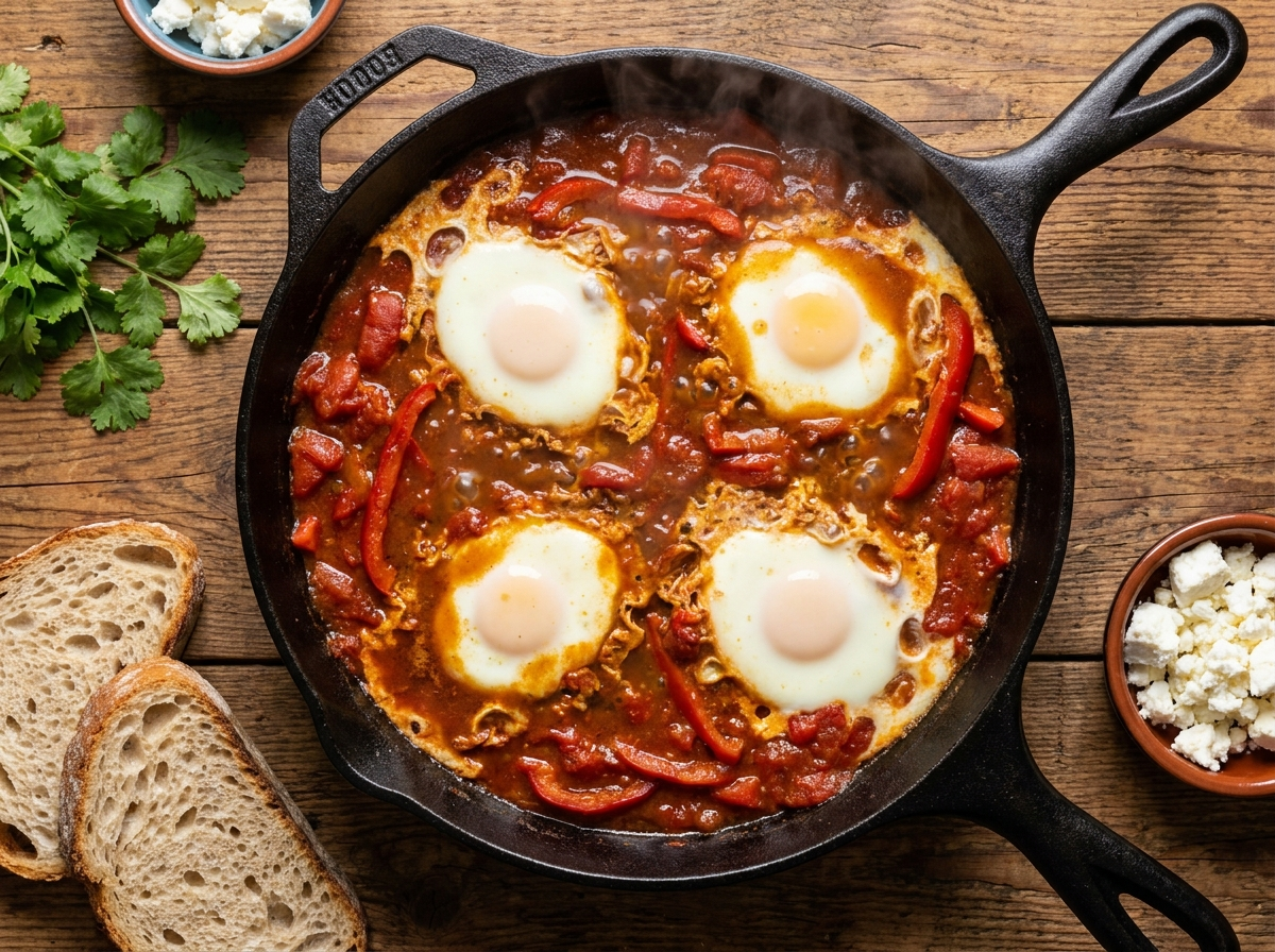 Shakshuka with eggs poached in spiced bone broth sauce in a cast iron skillet