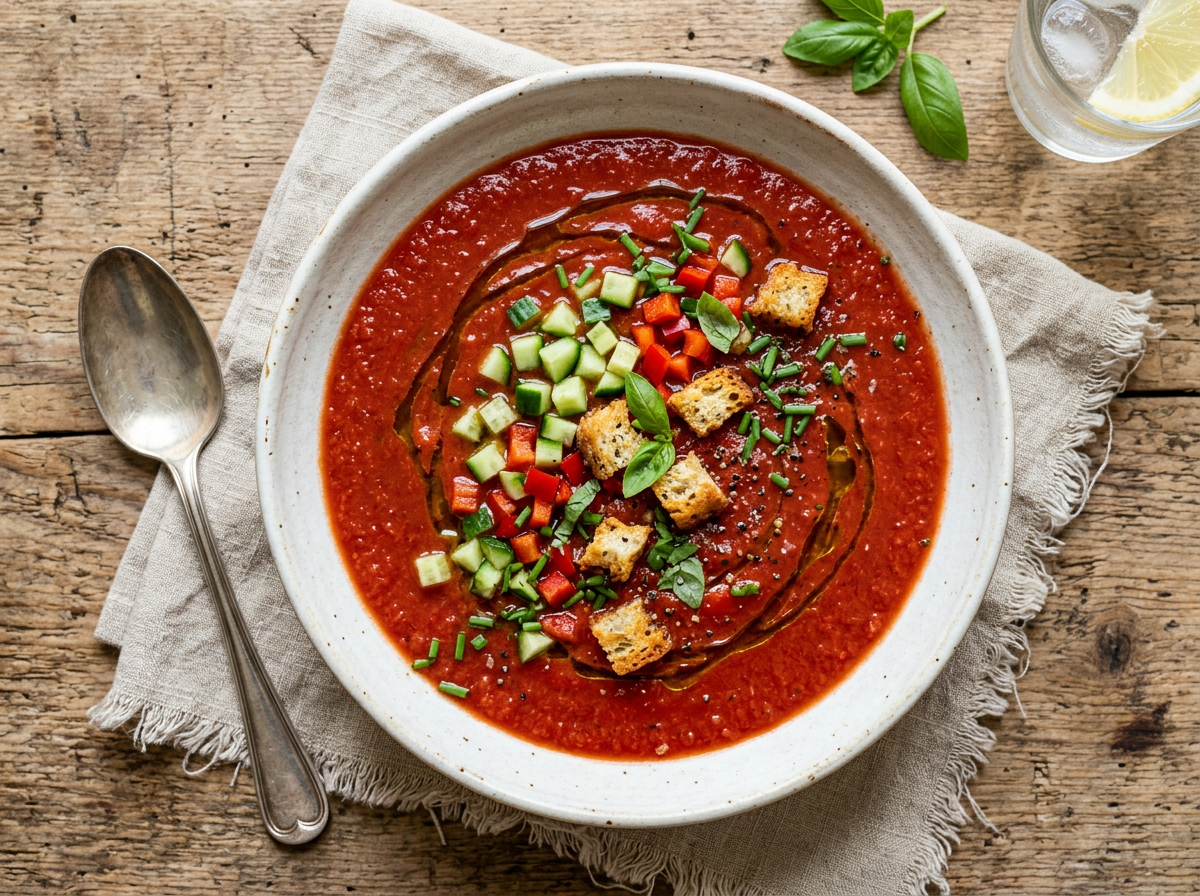 Chilled tomato gazpacho in a wide shallow bowl