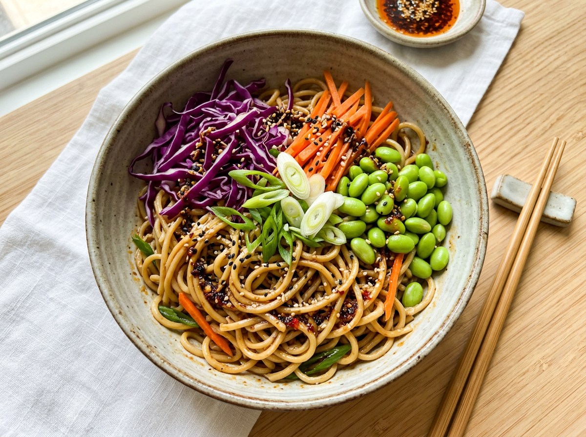 Cold sesame noodle bowl with colorful vegetables