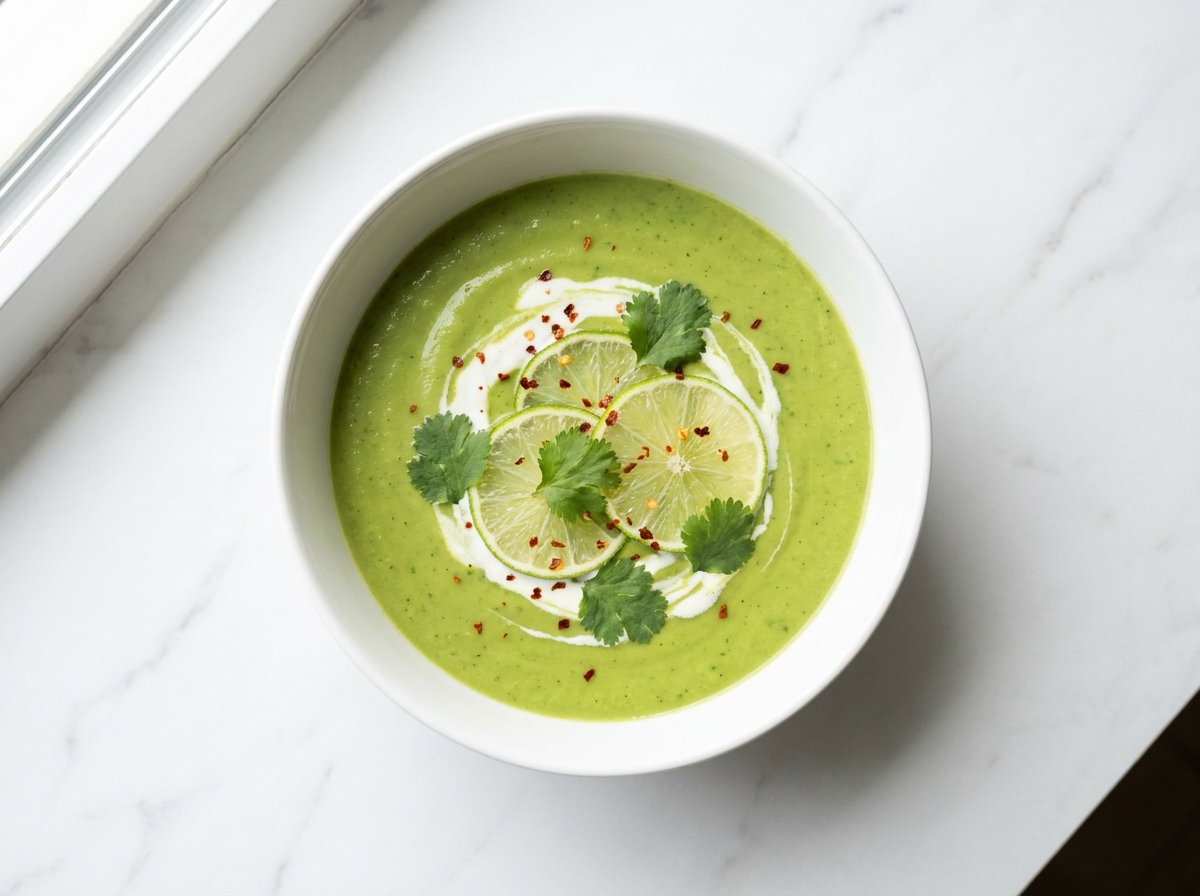 Chilled avocado lime soup in a white bowl