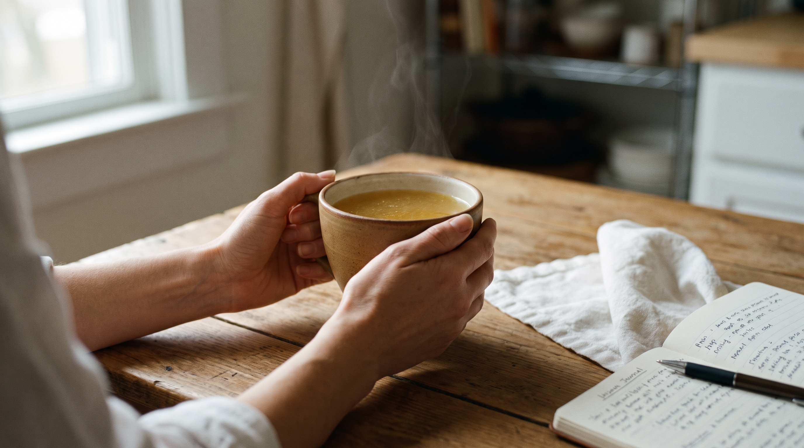 A woman enjoying a warm cup of bone broth as a mindful morning ritual