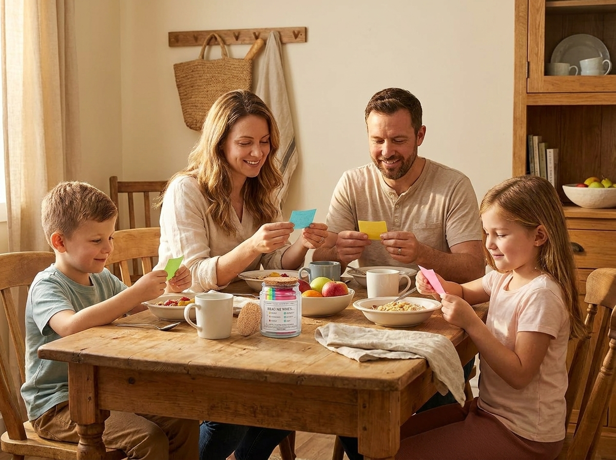 Christian family doing daily Bible devotional together