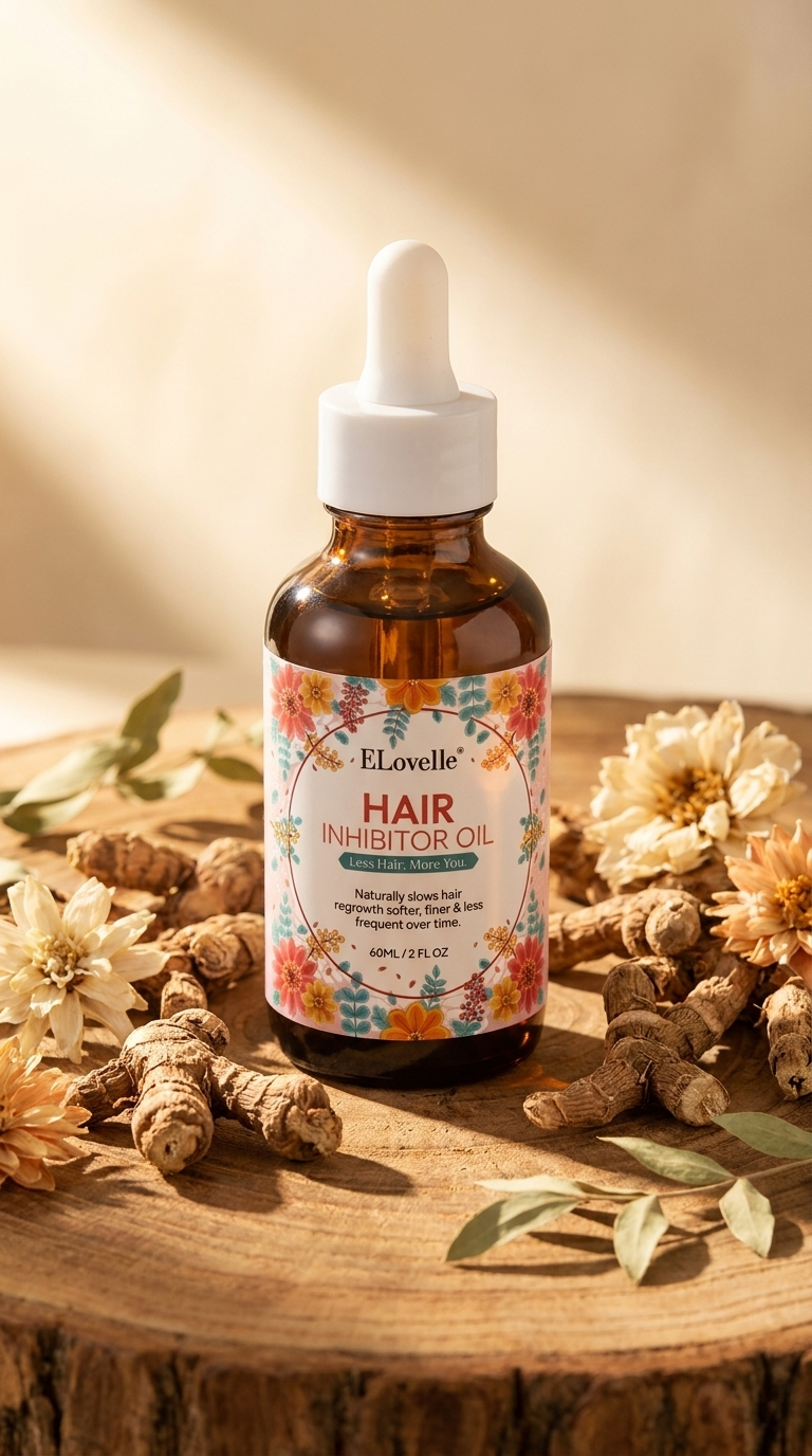 ELovelle Hair Inhibitor Oil with Cyperus Rotundus root — the botanical at the heart of the formula