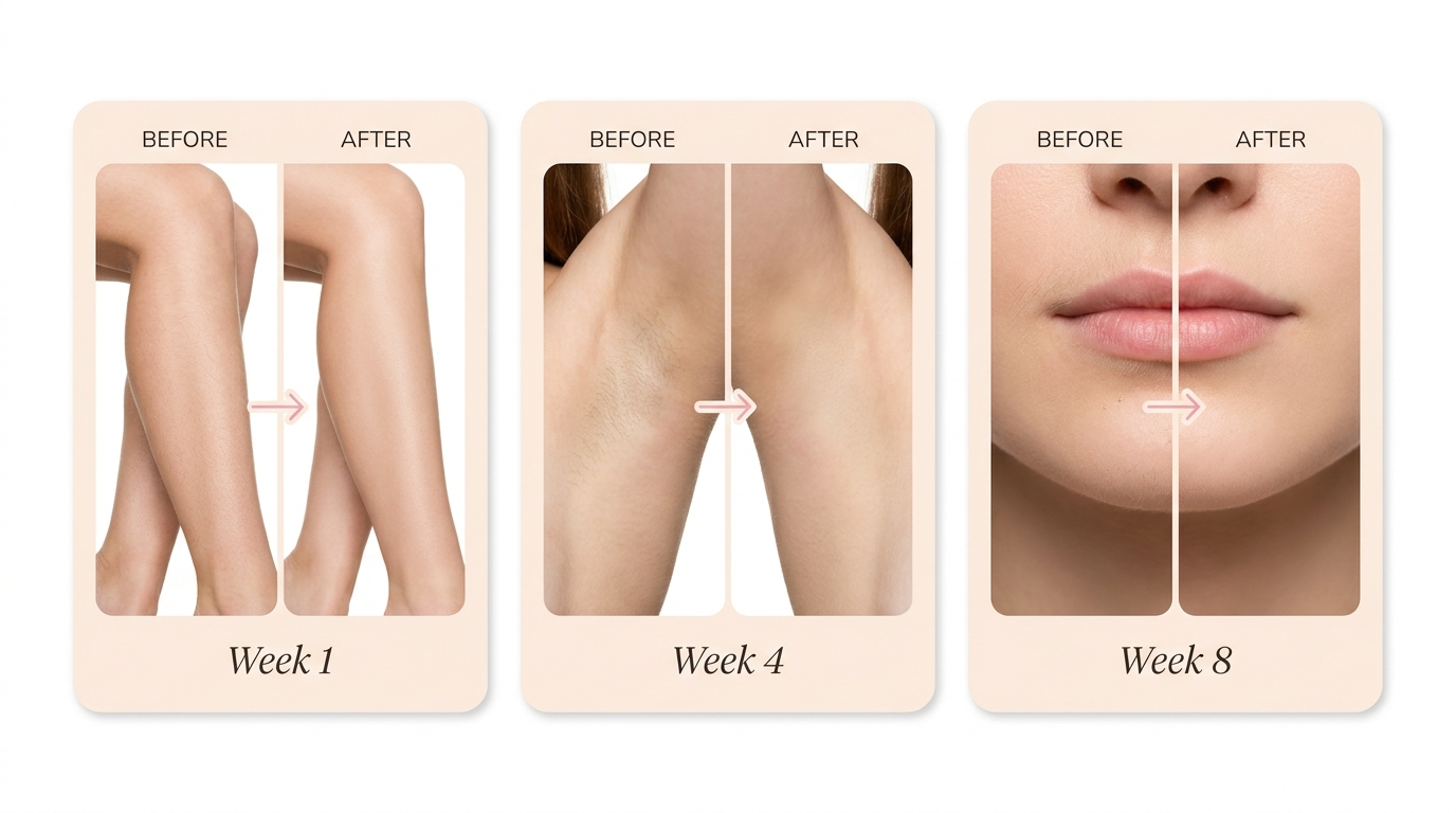 Before and after — three real women, three body areas, three timeframes