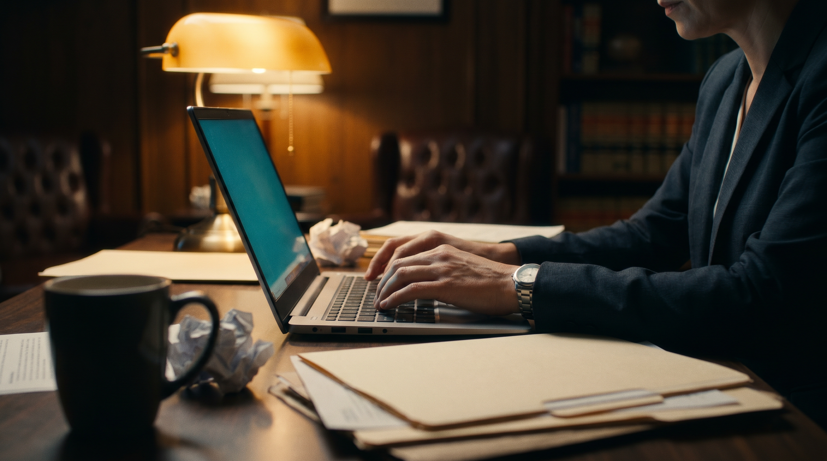 Lawyer working late on case files