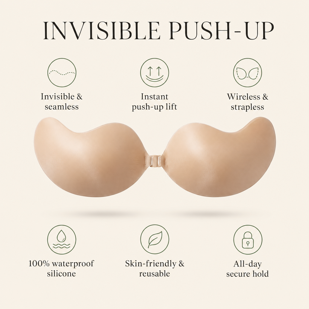 Key benefits: invisible, push-up, wireless, waterproof, skin-friendly, all-day hold