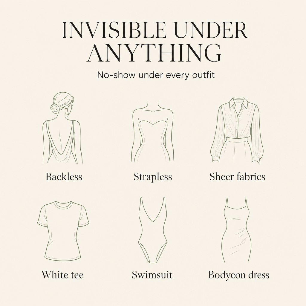 Invisible under backless, strapless, sheer, white tee, swimsuit, bodycon
