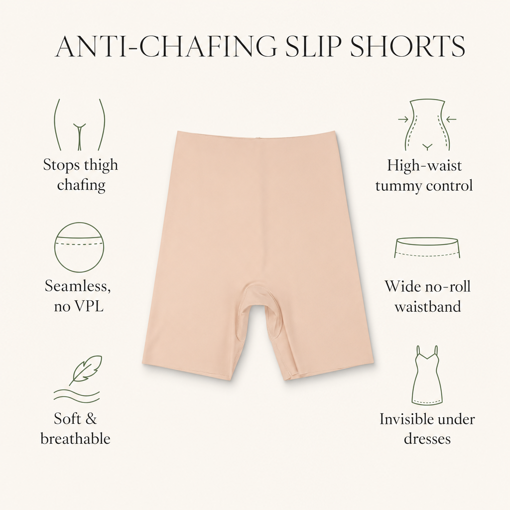 Key benefits: anti-chafing, tummy control, seamless, breathable, no-roll, invisible