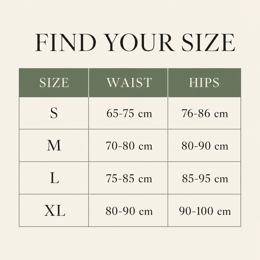 Size guide S to XL waist and hips in cm