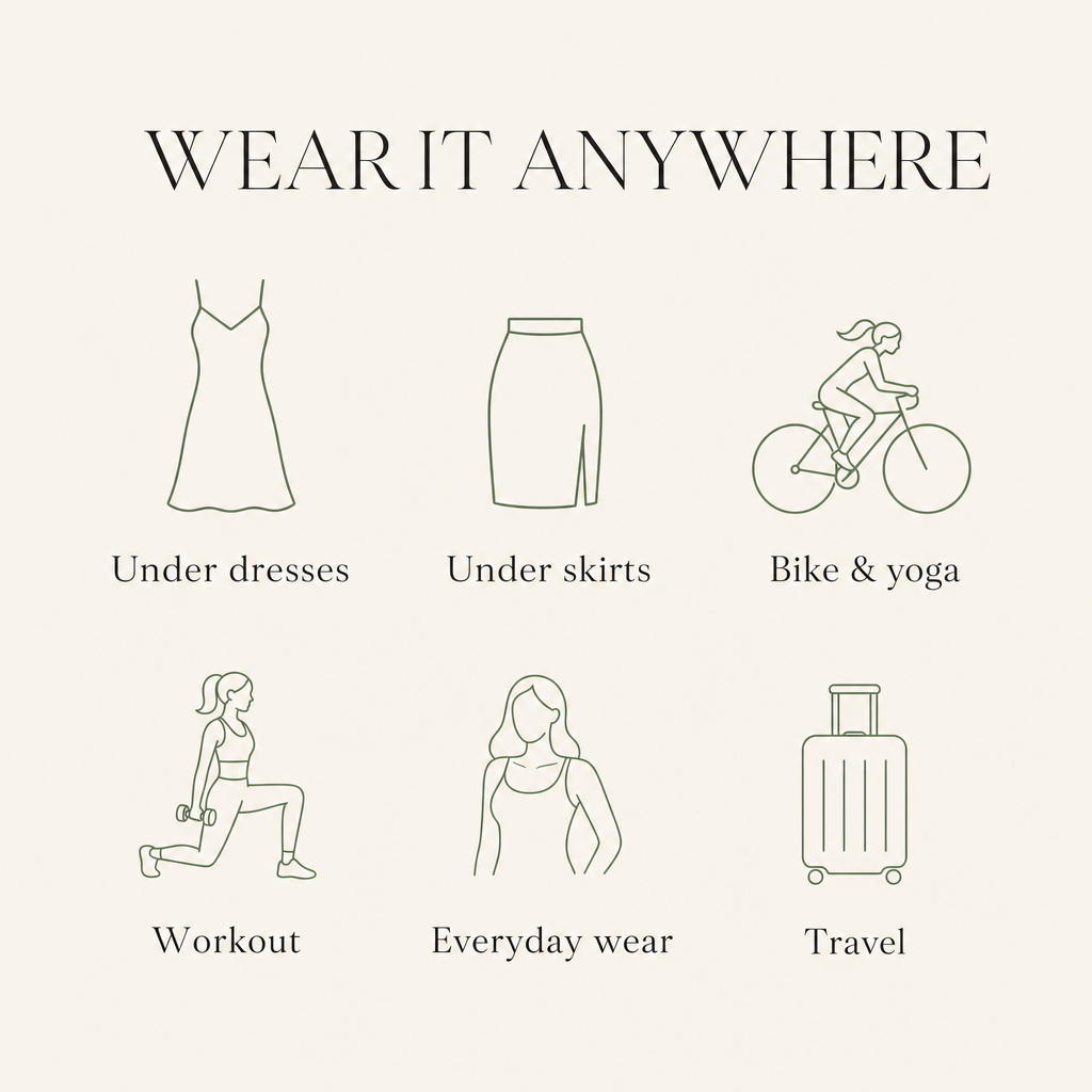 Wear under dresses, skirts, bike, yoga, workout, travel