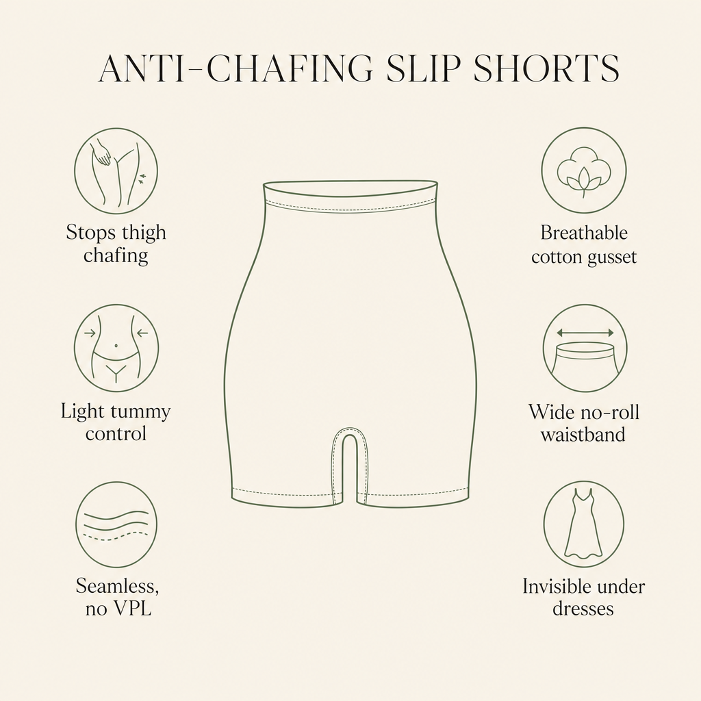Key benefits: anti-chafing, tummy control, seamless, breathable, no-roll, invisible