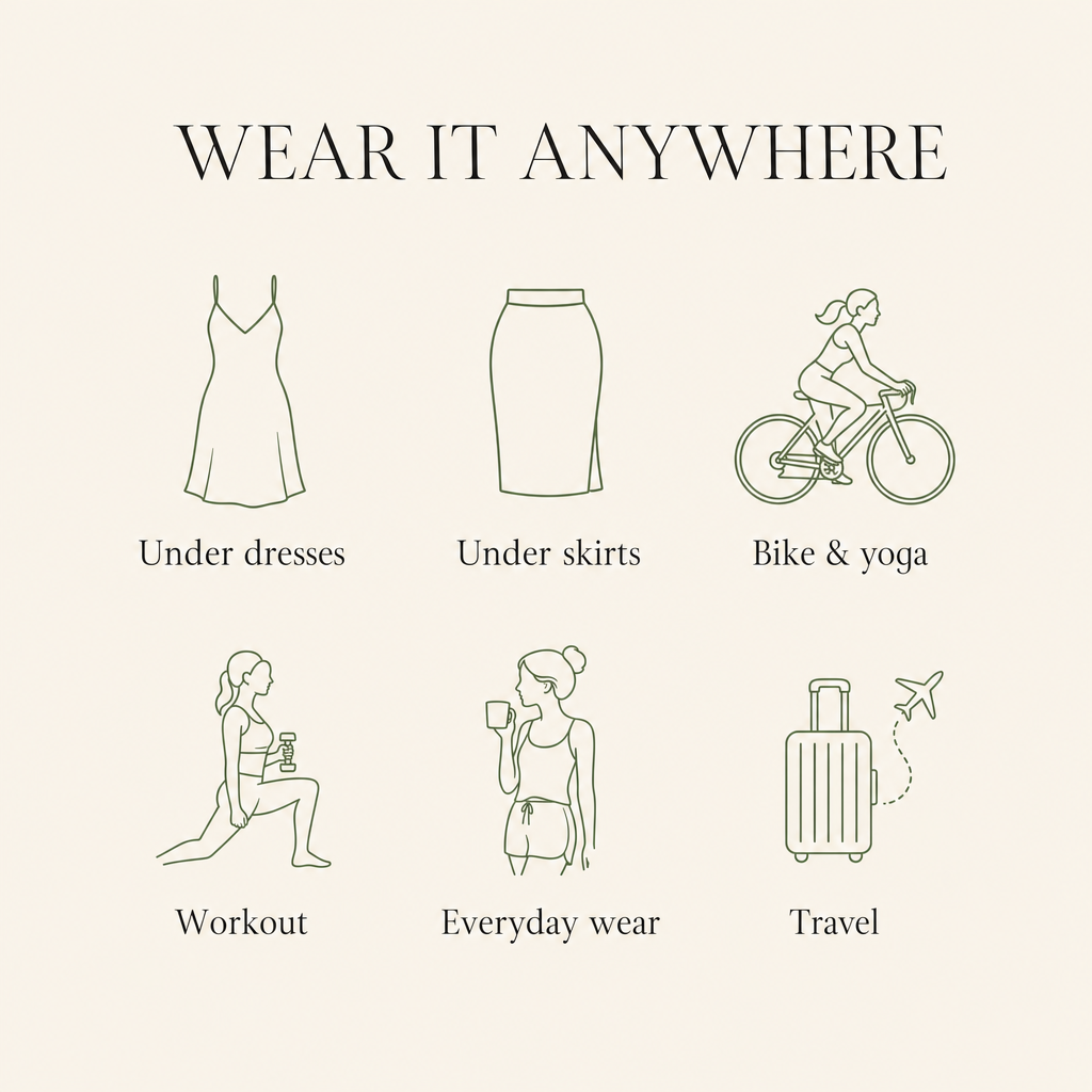 Wear under dresses, skirts, bike, yoga, workout, travel