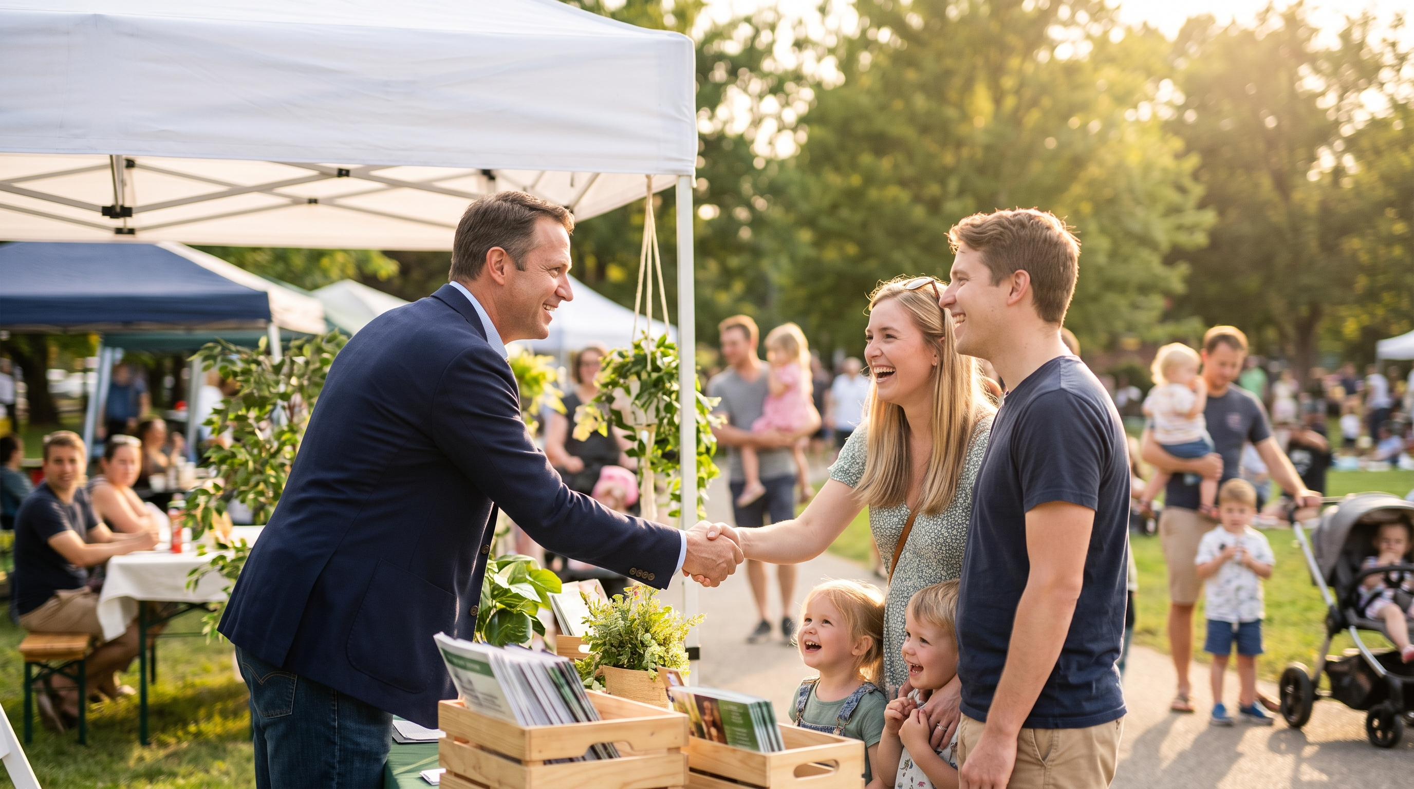 Insurance agent at a community event booth talking with a couple