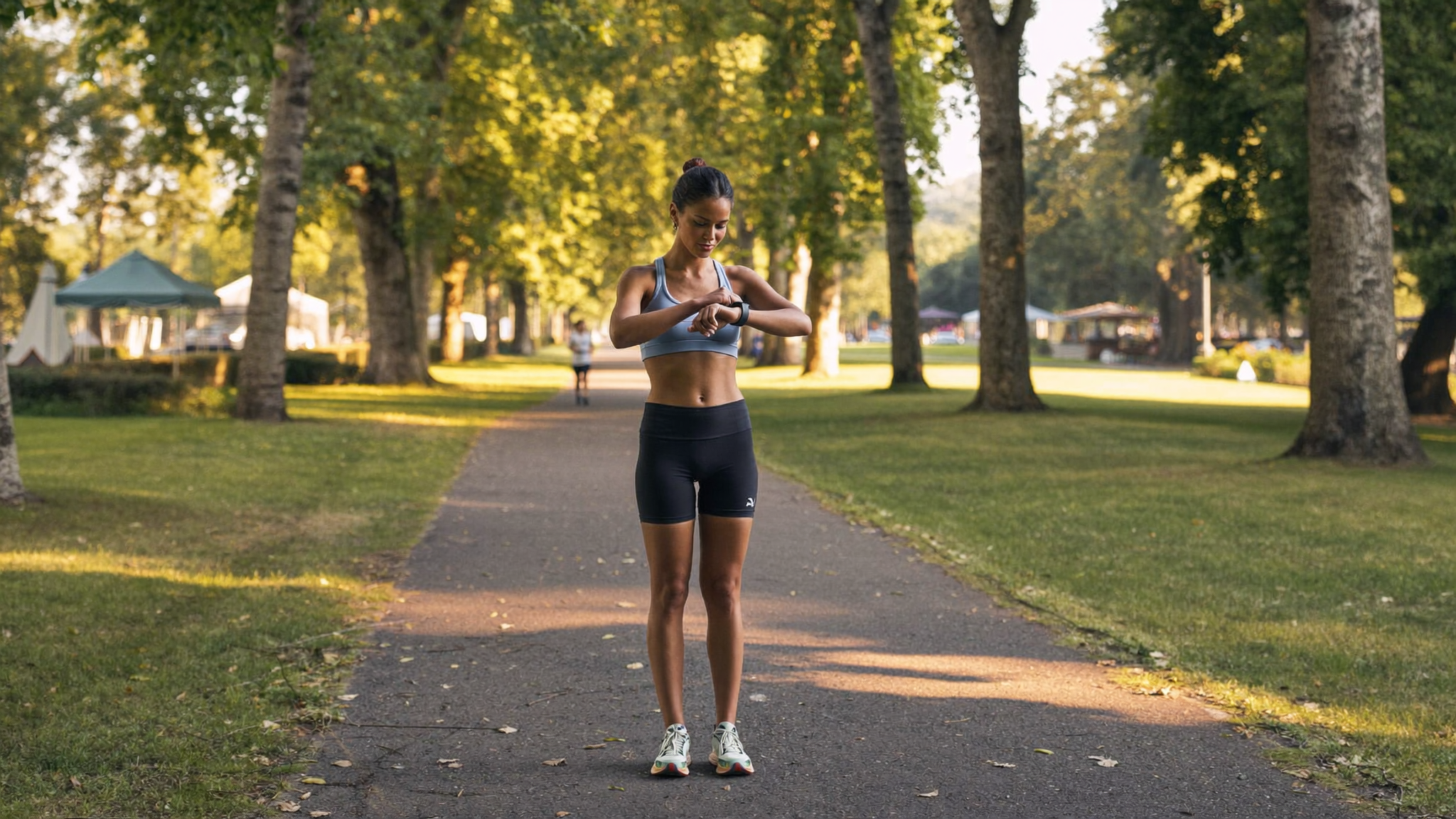A runner pausing on a park path at golden hour, checking her smartwatch