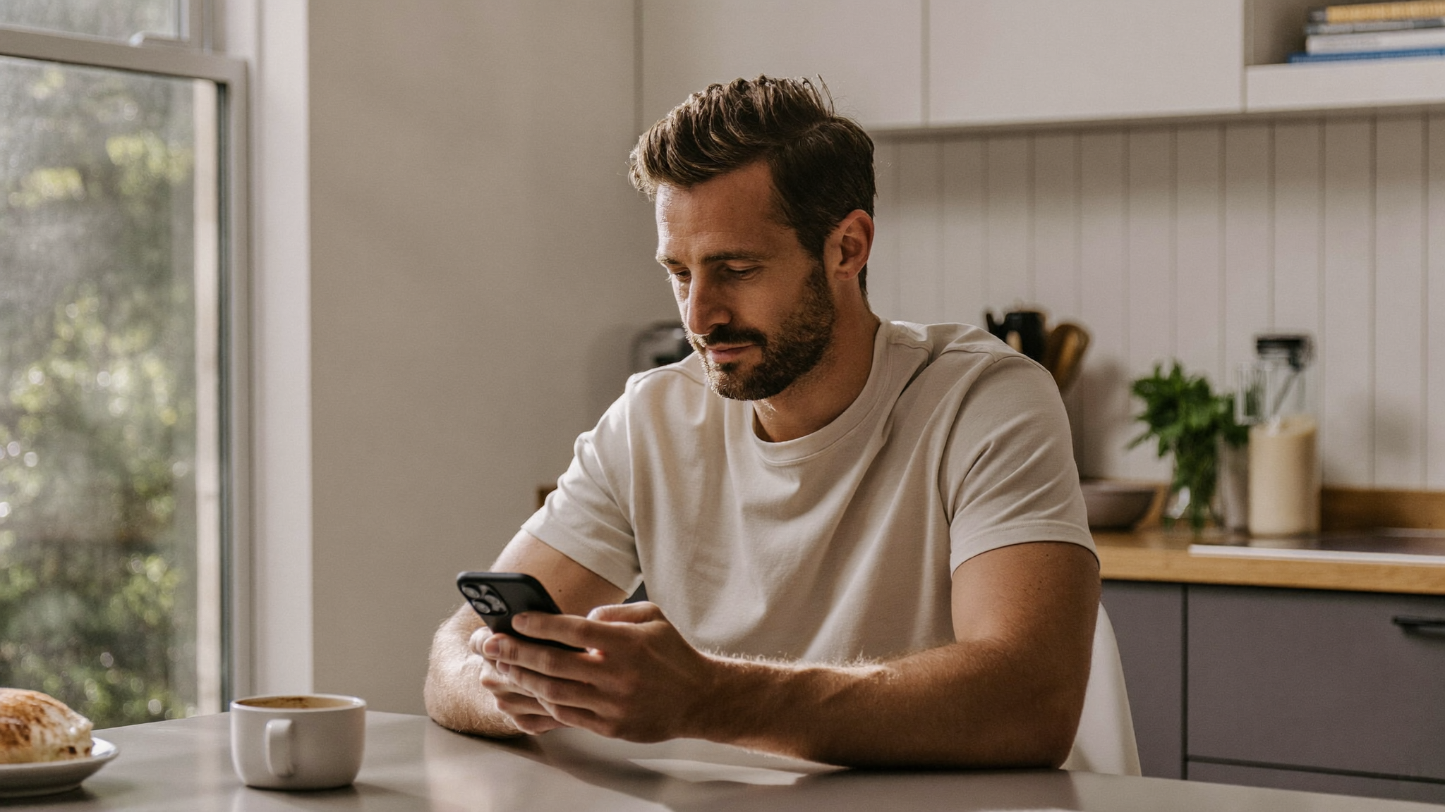 A man at a kitchen table in morning light reviewing a health app on his phone