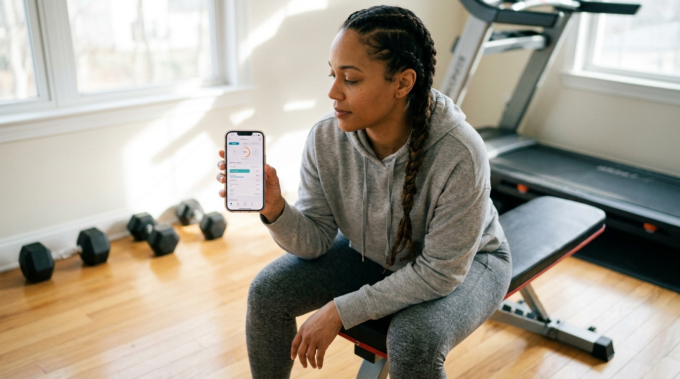 Frau berechnet Kalorienbedarf mit App im Home-Gym – kalorien berechnen