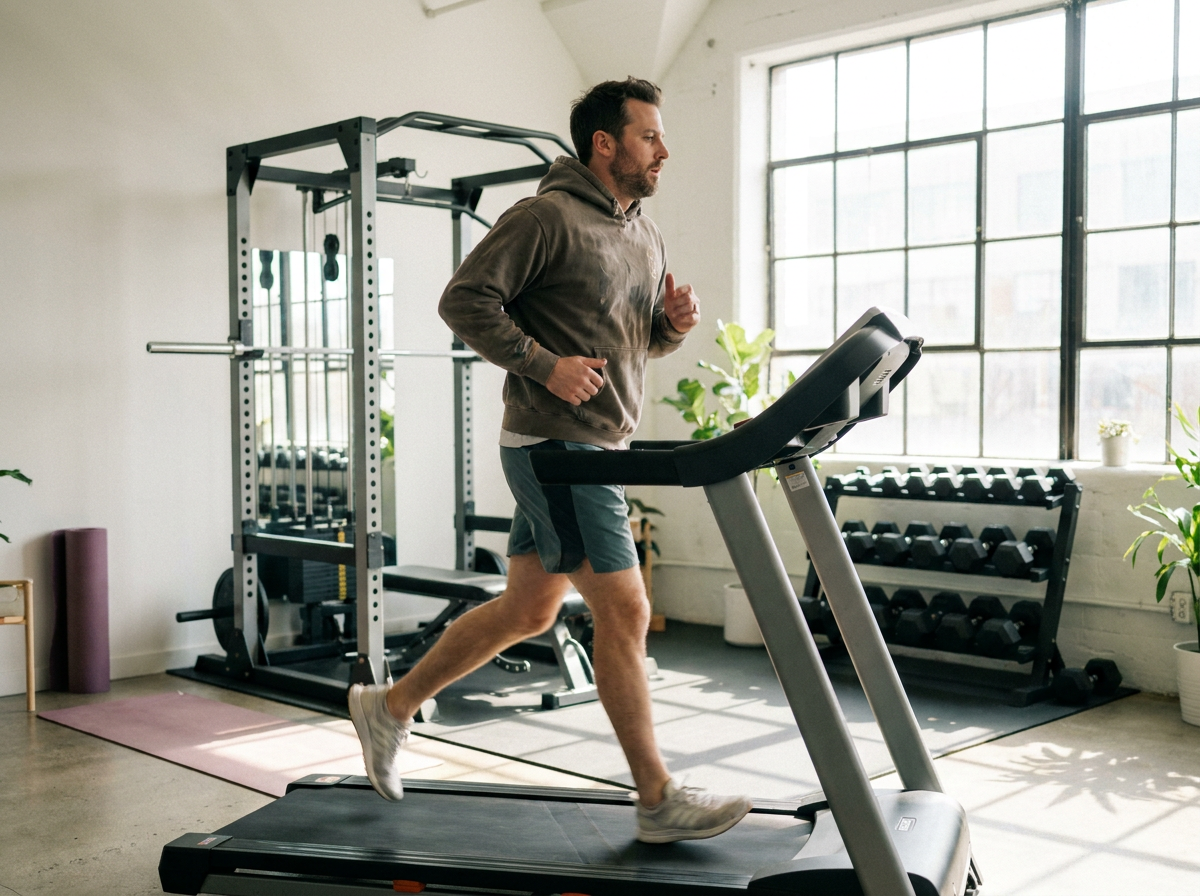 Mann beim Cardio auf Laufband im Home-Gym – Kalorienverbrauch steigern