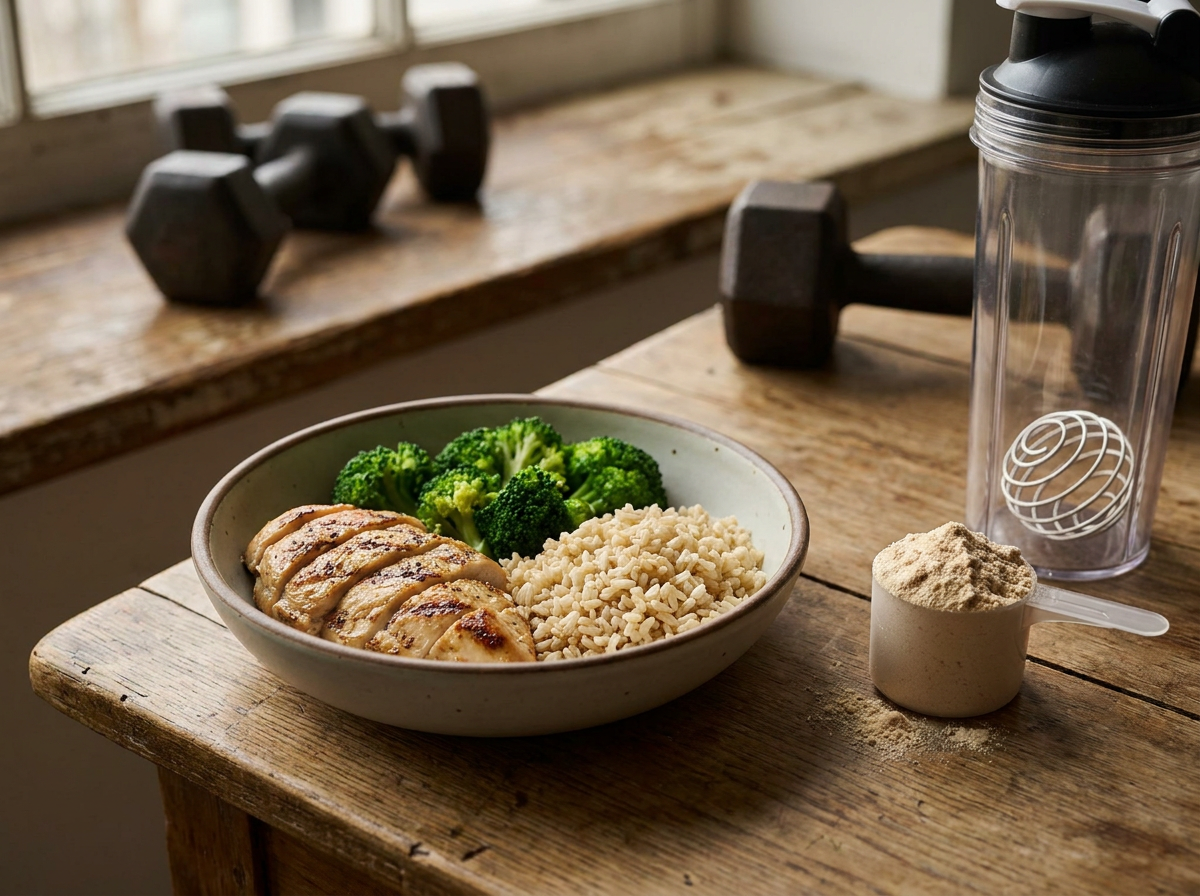 Portionierte Post-Workout-Mahlzeit mit Hähnchen, Reis und Brokkoli neben Proteinpulver, Shaker und Hanteln